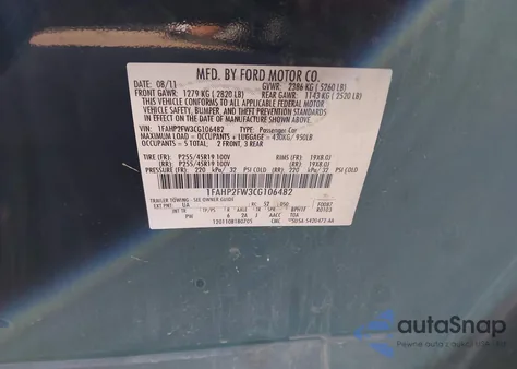 2012 Ford Taurus Limited z USA, uszkodzony, nr VIN 1FAHP2FW3CG106482